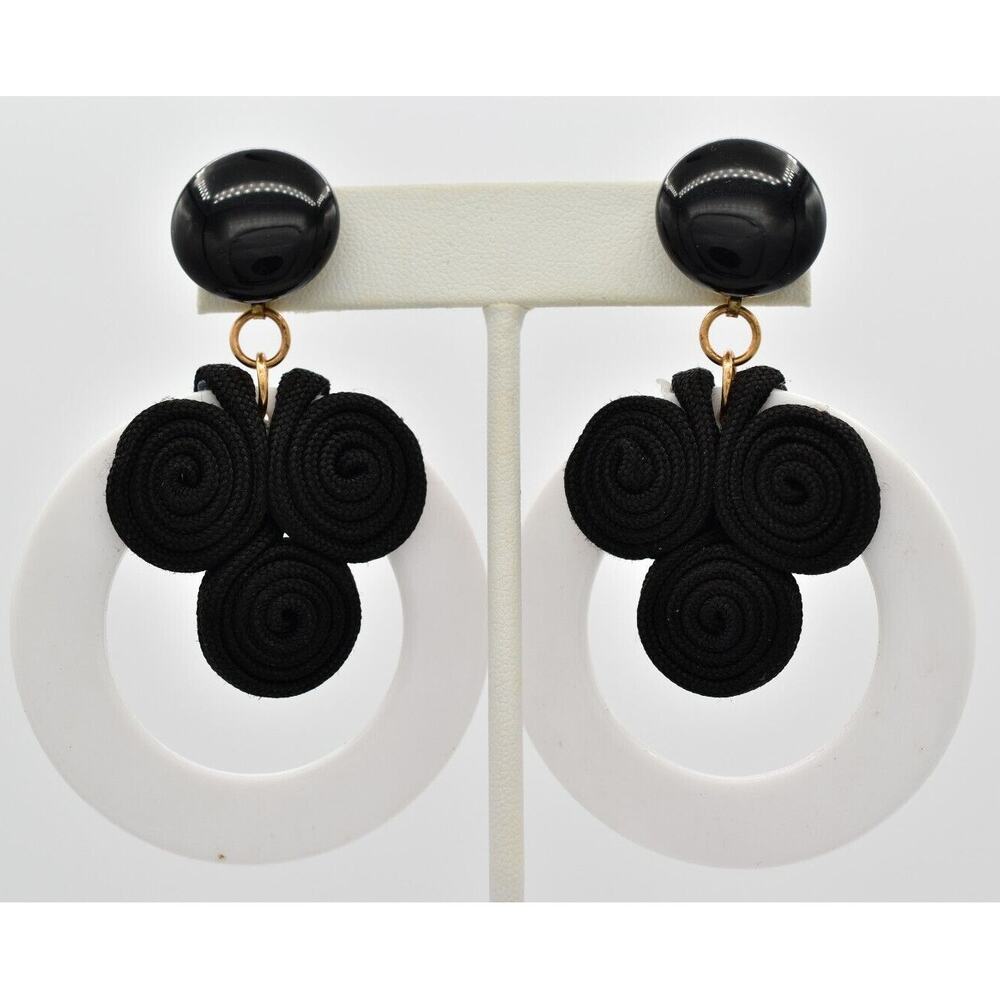 Vintage Dangle Earrings Black White Plastic Fabric Retro Funk Chunky 1970s BinAR